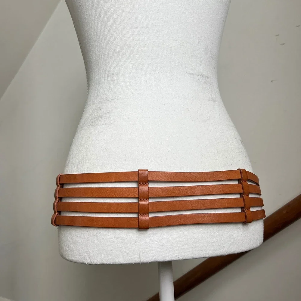 Vintage Banana Republic Cage Belt Large Brown Leather O-Ring Boho Y2K Wide Thick